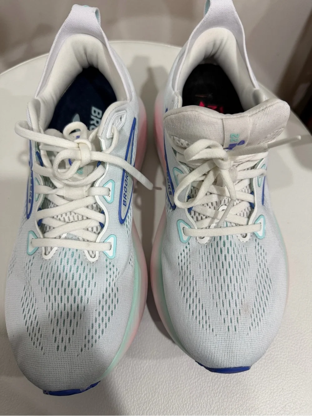 Brooks Women's White Running Shoes with Blue and Mint Accents